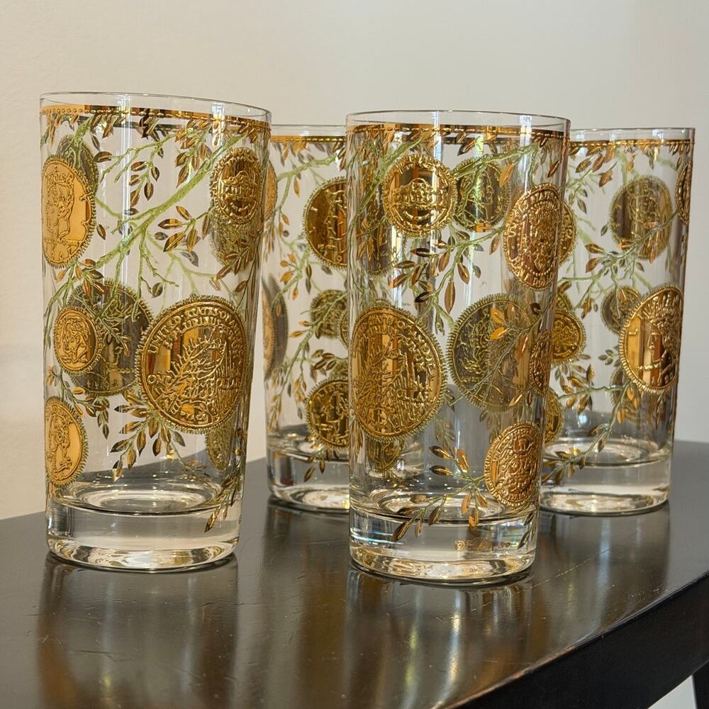 Vintage Culver Rare Midas Highball Tumbler Glass Coins and Vines MCM Set of 4 - Picture 2 of 14